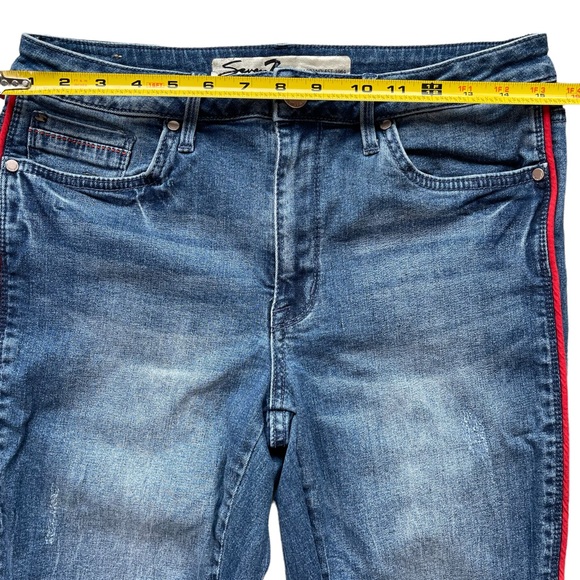Seven7 size 10 mid rise ankle distressed skinny jeans with red stripes down legs - Picture 12 of 16